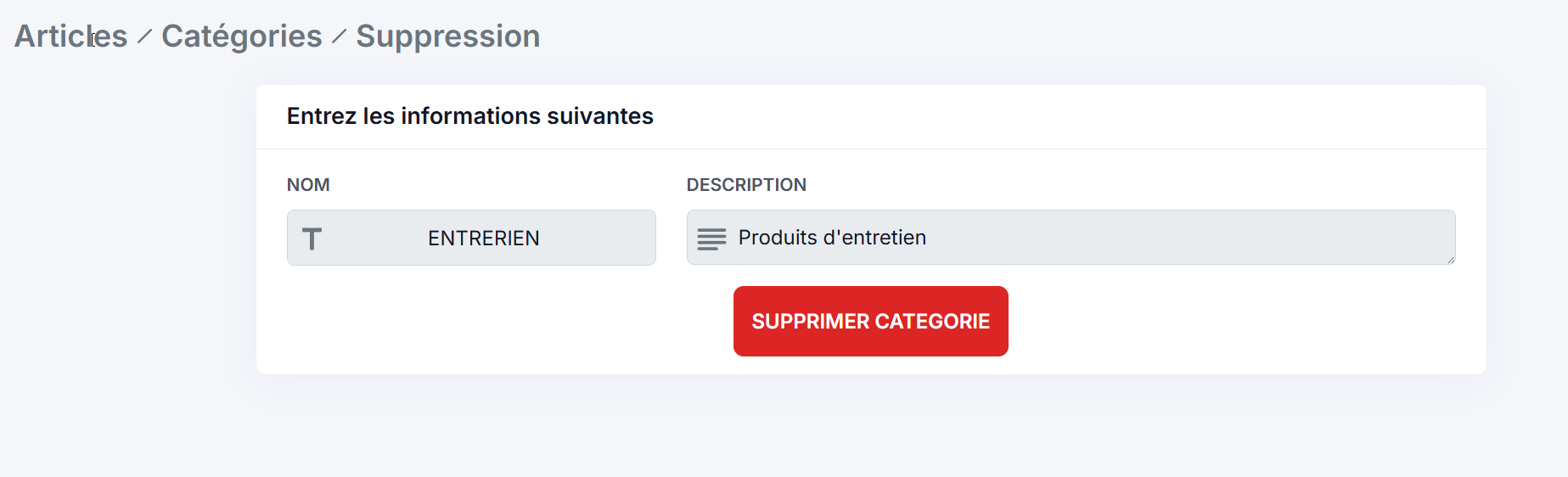 delete category form Formulaire de suppression de catégorie