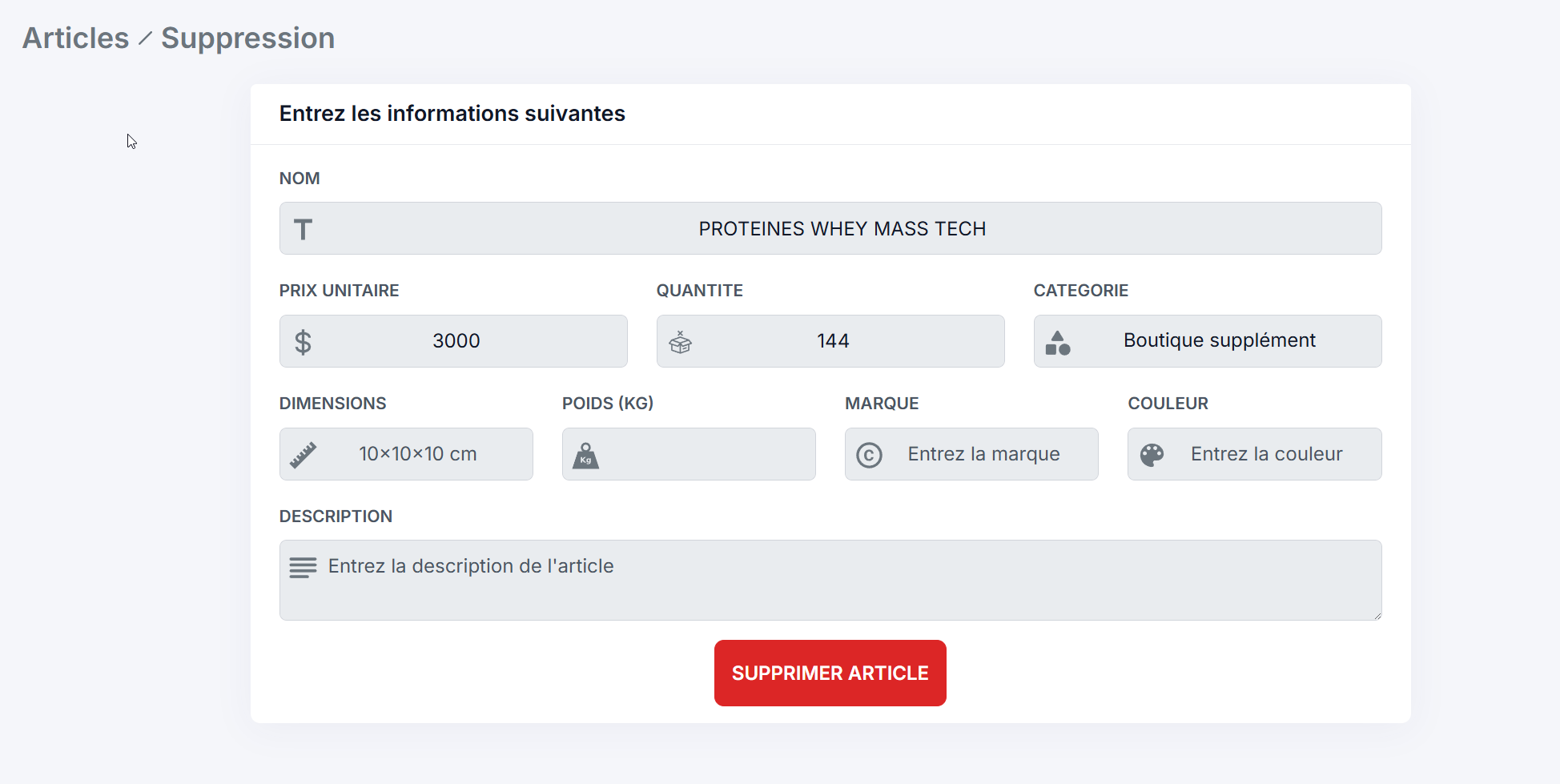 delete product form Formulaire de suppression